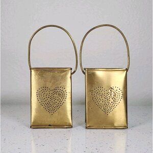 Vtg Solid Brass Lantern Candle Holder Luminary Pair Tealight Votive Handle Heart